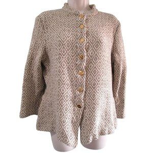 St John Marie Gray Knit Sweater Geometric Gold Button Brown Cream No Sz Tag GUC